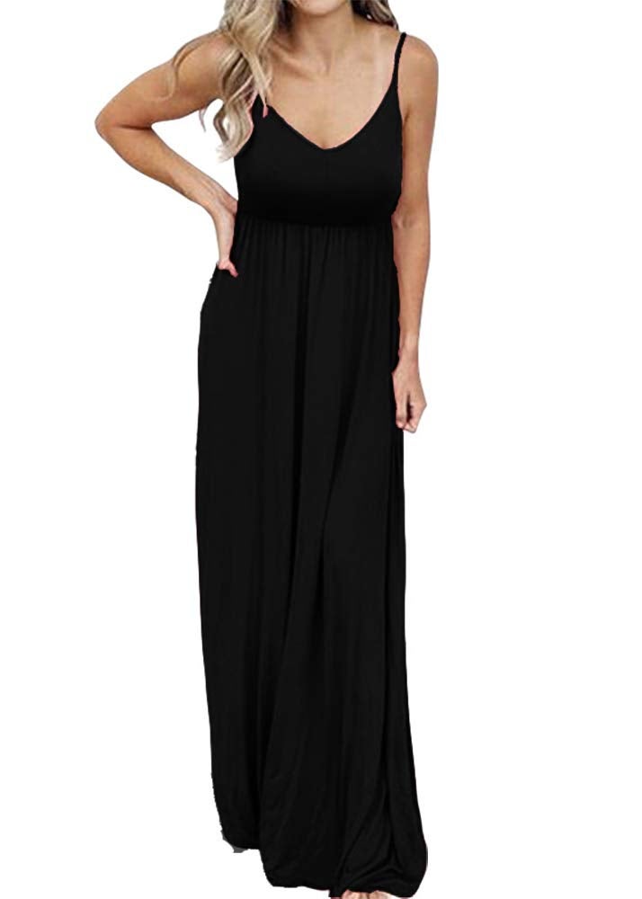 PRIMODA Women's Summer Casual Sleeveless V Neck Adjustable Spaghetti Strap Maxi Long Dress(Black,XL) - Image 1